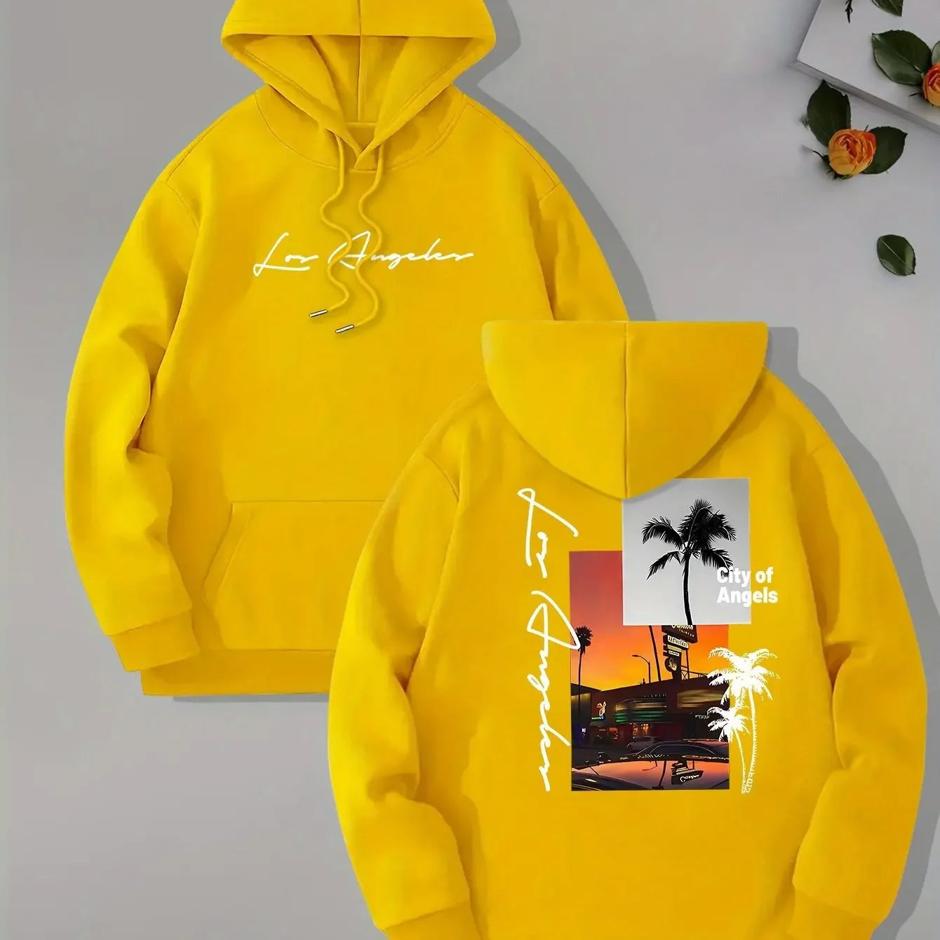Retro Los Angeles Sunset Palm Tree Double-sided Print Hoodie, Men's Loose Fit West Coast Everyday Street Style Pullover