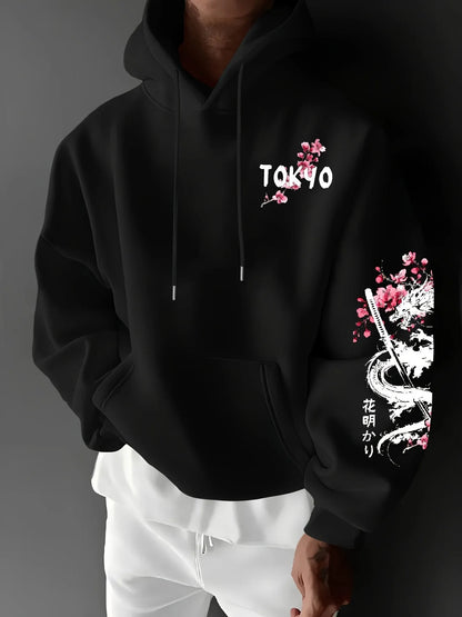 Men's anime-style dragon-patterned cherry blossom print hooded pullover for winter warmth, loose and casual style