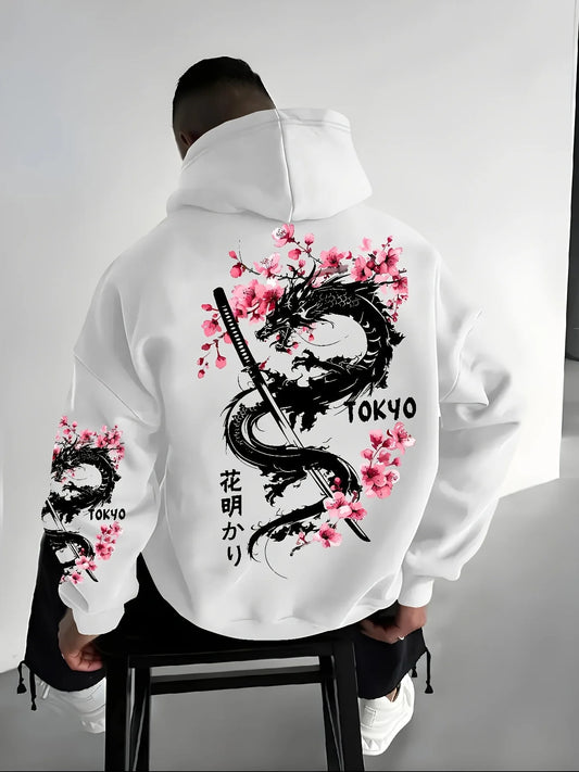 Men's anime-style dragon-patterned cherry blossom print hooded pullover for winter warmth, loose and casual style