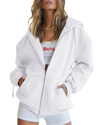 Women's Zip-Up Hoodie Jacket – Oversized Hooded Sweatshirt with Pockets