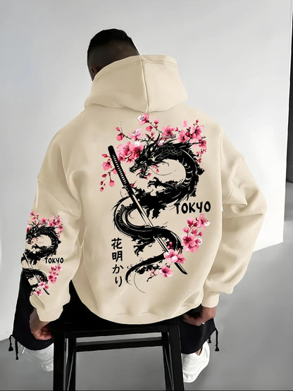 Men's anime-style dragon-patterned cherry blossom print hooded pullover for winter warmth, loose and casual style