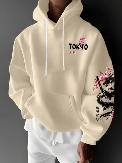 Men's anime-style dragon-patterned cherry blossom print hooded pullover for winter warmth, loose and casual style