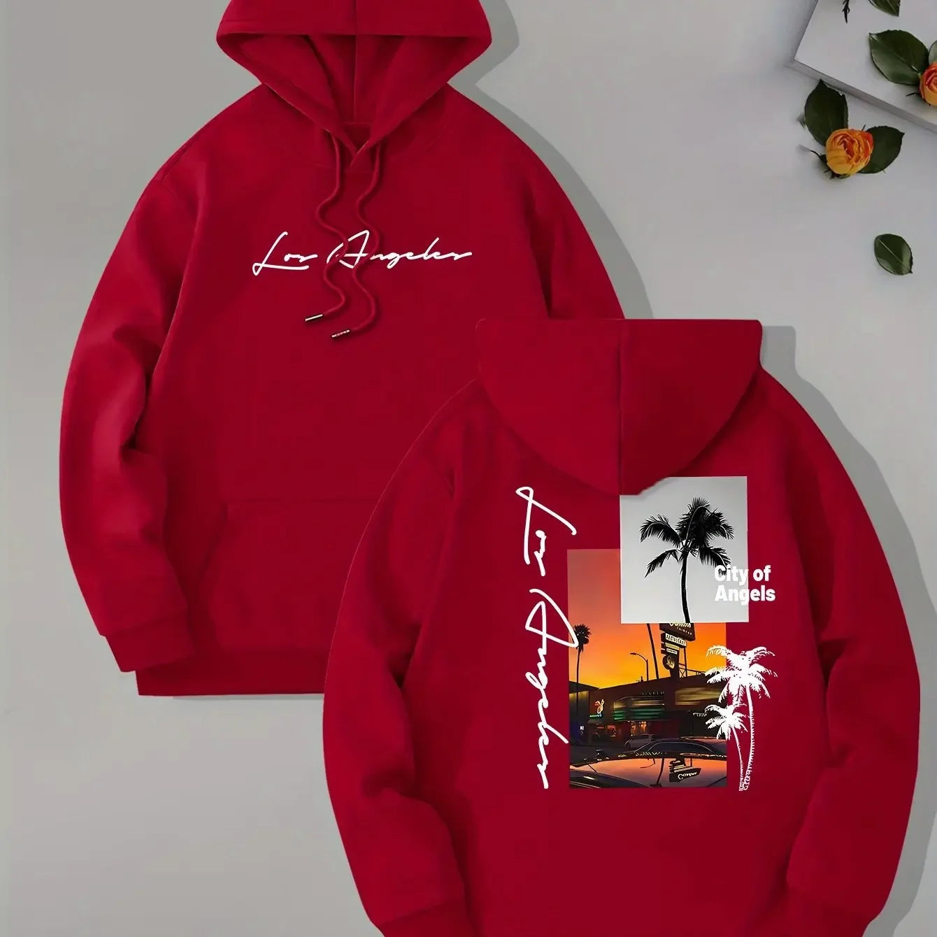 Retro Los Angeles Sunset Palm Tree Double-sided Print Hoodie, Men's Loose Fit West Coast Everyday Street Style Pullover