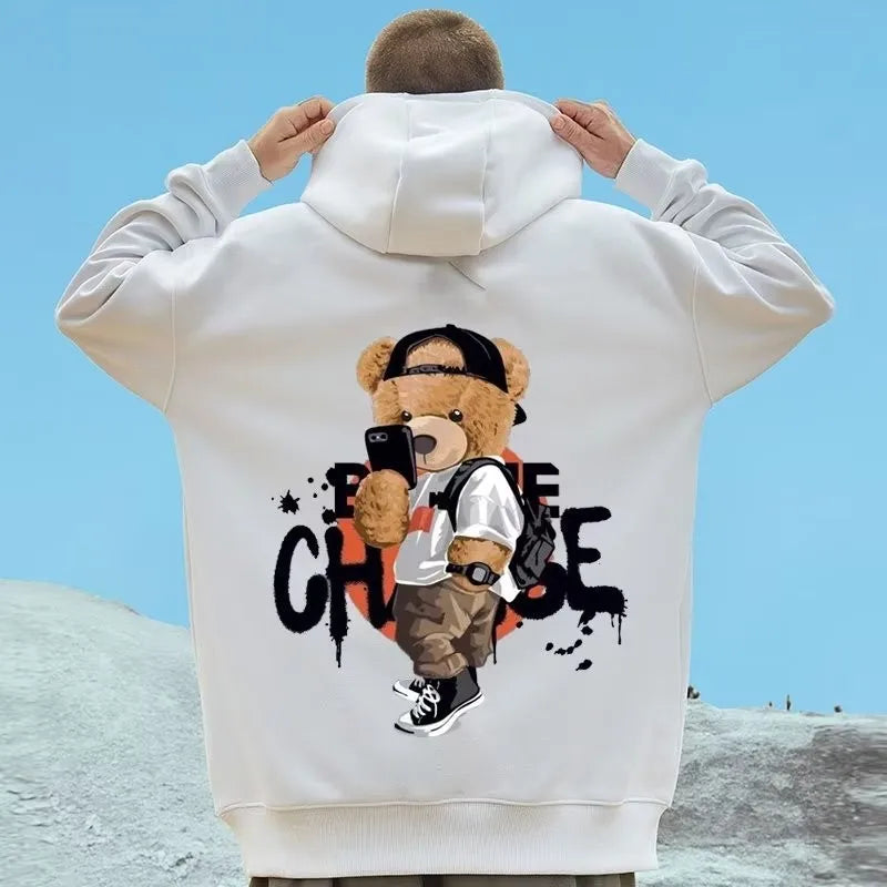 M-8XL Men Oversized Pullover Hoodie Fashion Loose American Street Fashion Men’s Teddy Bear Print Long Sleeve Couple Clothes