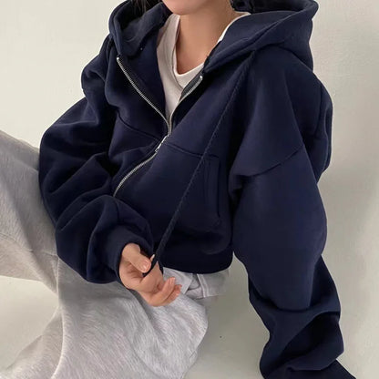 Women's Fleece-Lined Cropped Zip-Up Hoodie