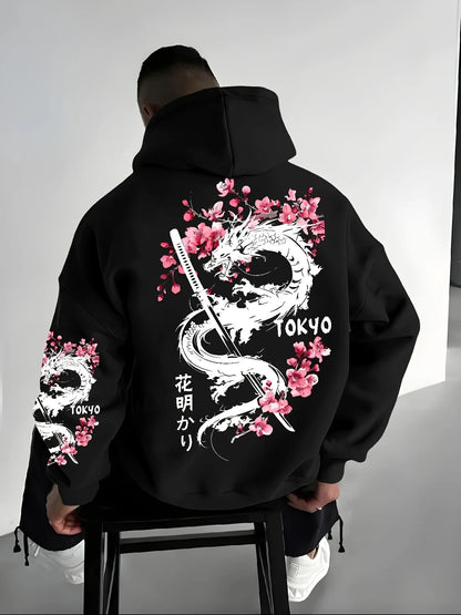 Men's anime-style dragon-patterned cherry blossom print hooded pullover for winter warmth, loose and casual style