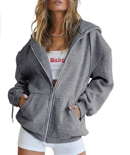 Women's Zip-Up Hoodie Jacket – Oversized Hooded Sweatshirt with Pockets