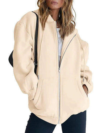 Women's Zip-Up Hoodie Jacket – Oversized Hooded Sweatshirt with Pockets