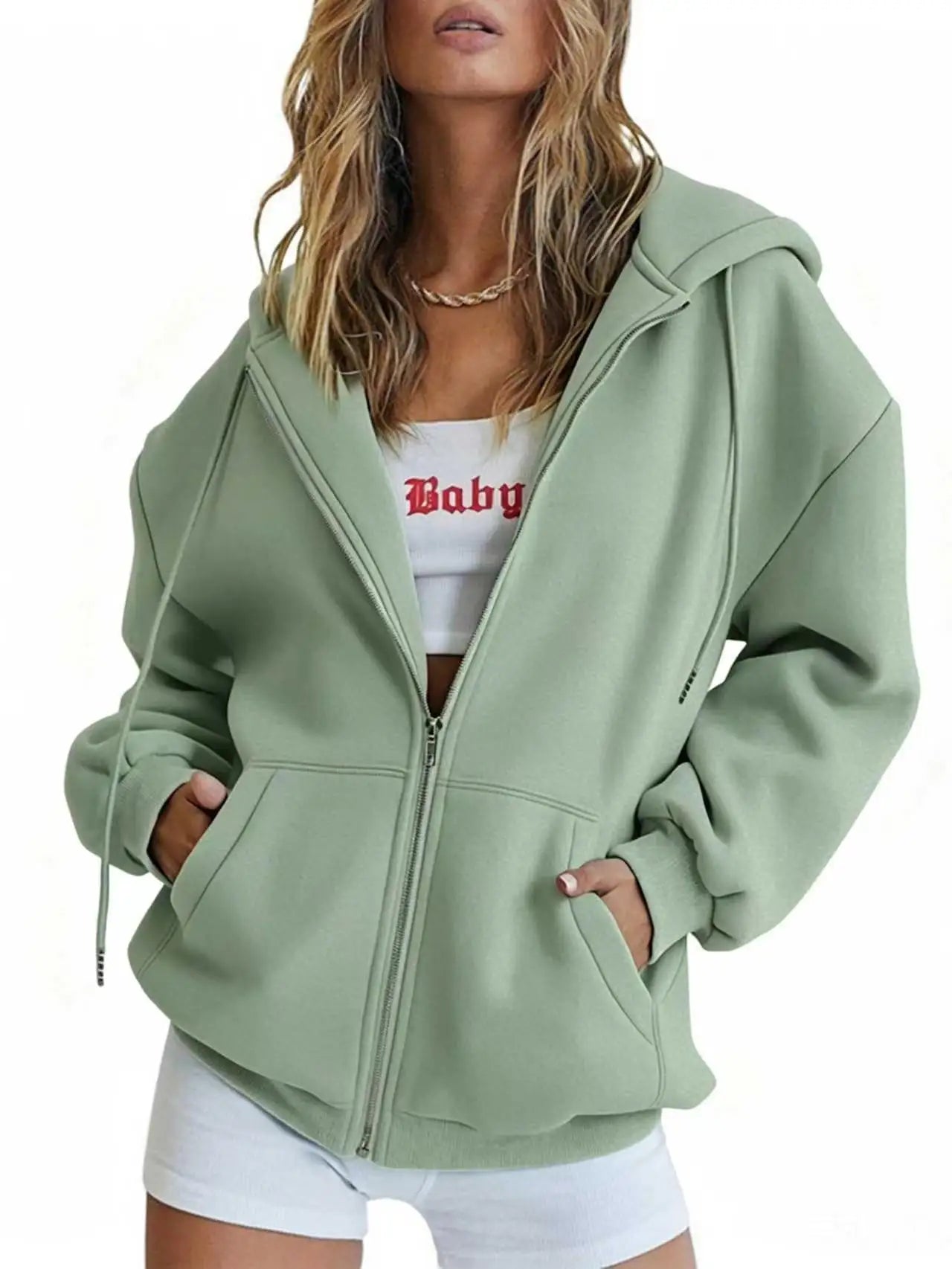 Women's Zip-Up Hoodie Jacket – Oversized Hooded Sweatshirt with Pockets