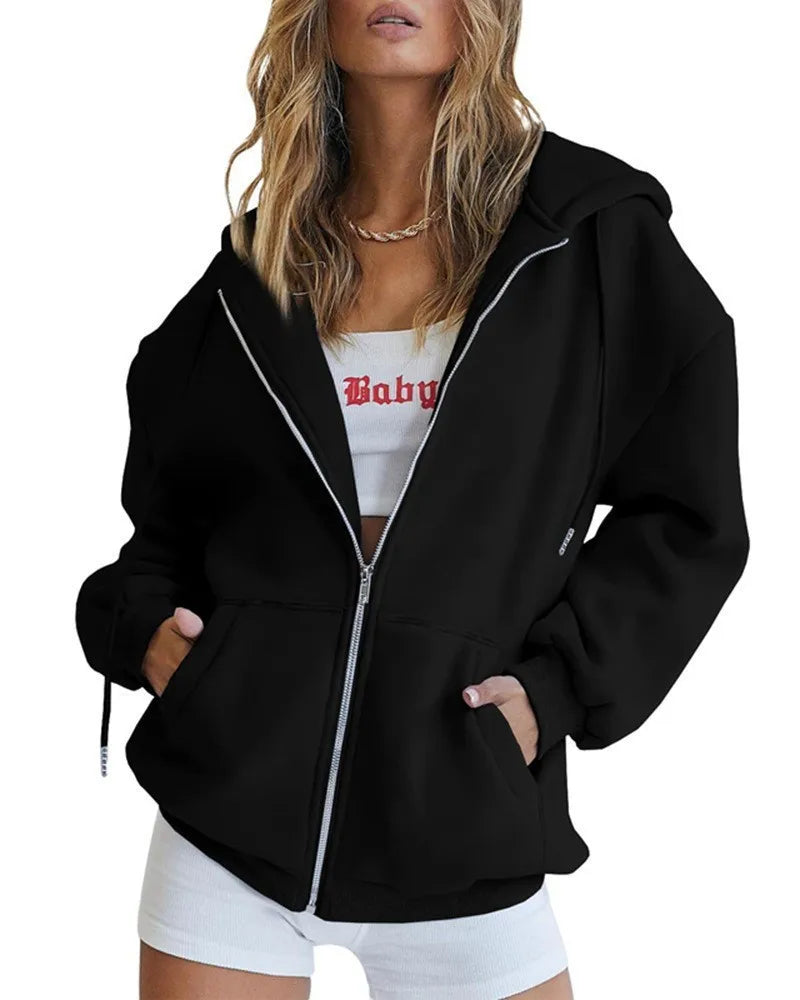 Women's Zip-Up Hoodie Jacket – Oversized Hooded Sweatshirt with Pockets