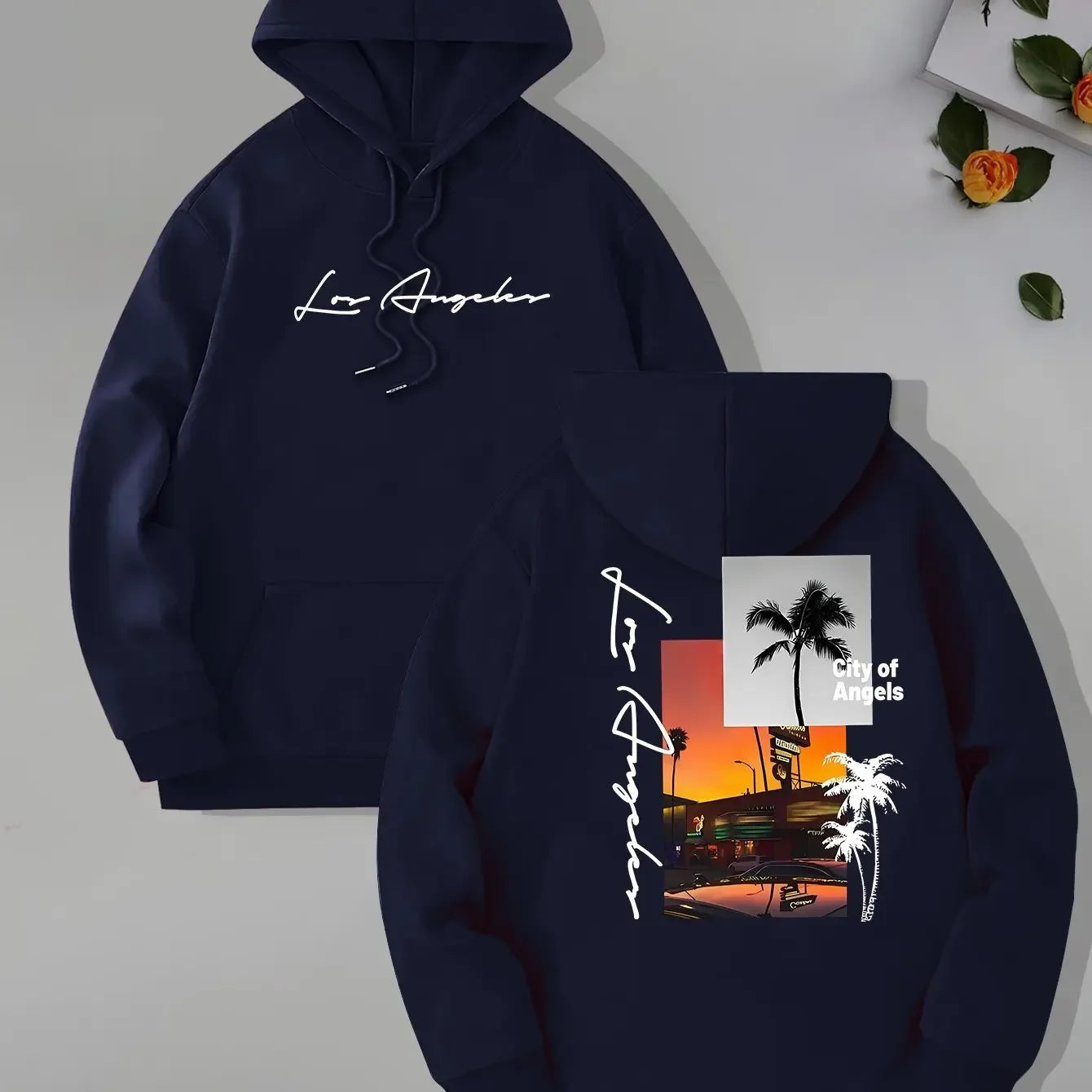 Retro Los Angeles Sunset Palm Tree Double-sided Print Hoodie, Men's Loose Fit West Coast Everyday Street Style Pullover