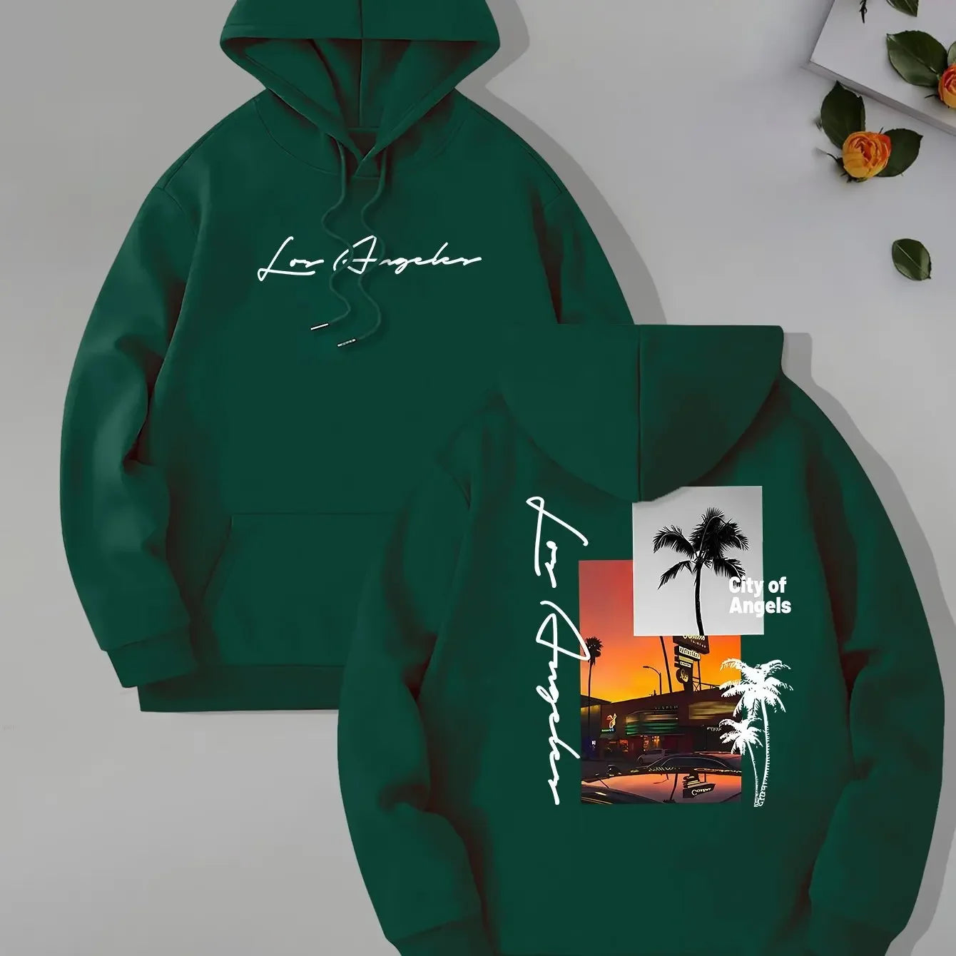 Retro Los Angeles Sunset Palm Tree Double-sided Print Hoodie, Men's Loose Fit West Coast Everyday Street Style Pullover