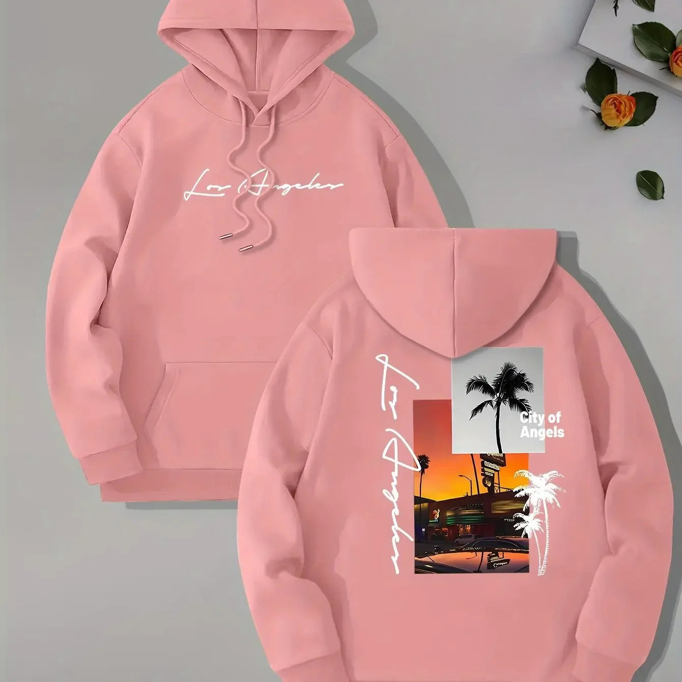 Retro Los Angeles Sunset Palm Tree Double-sided Print Hoodie, Men's Loose Fit West Coast Everyday Street Style Pullover