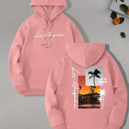 Retro Los Angeles Sunset Palm Tree Double-sided Print Hoodie, Men's Loose Fit West Coast Everyday Street Style Pullover