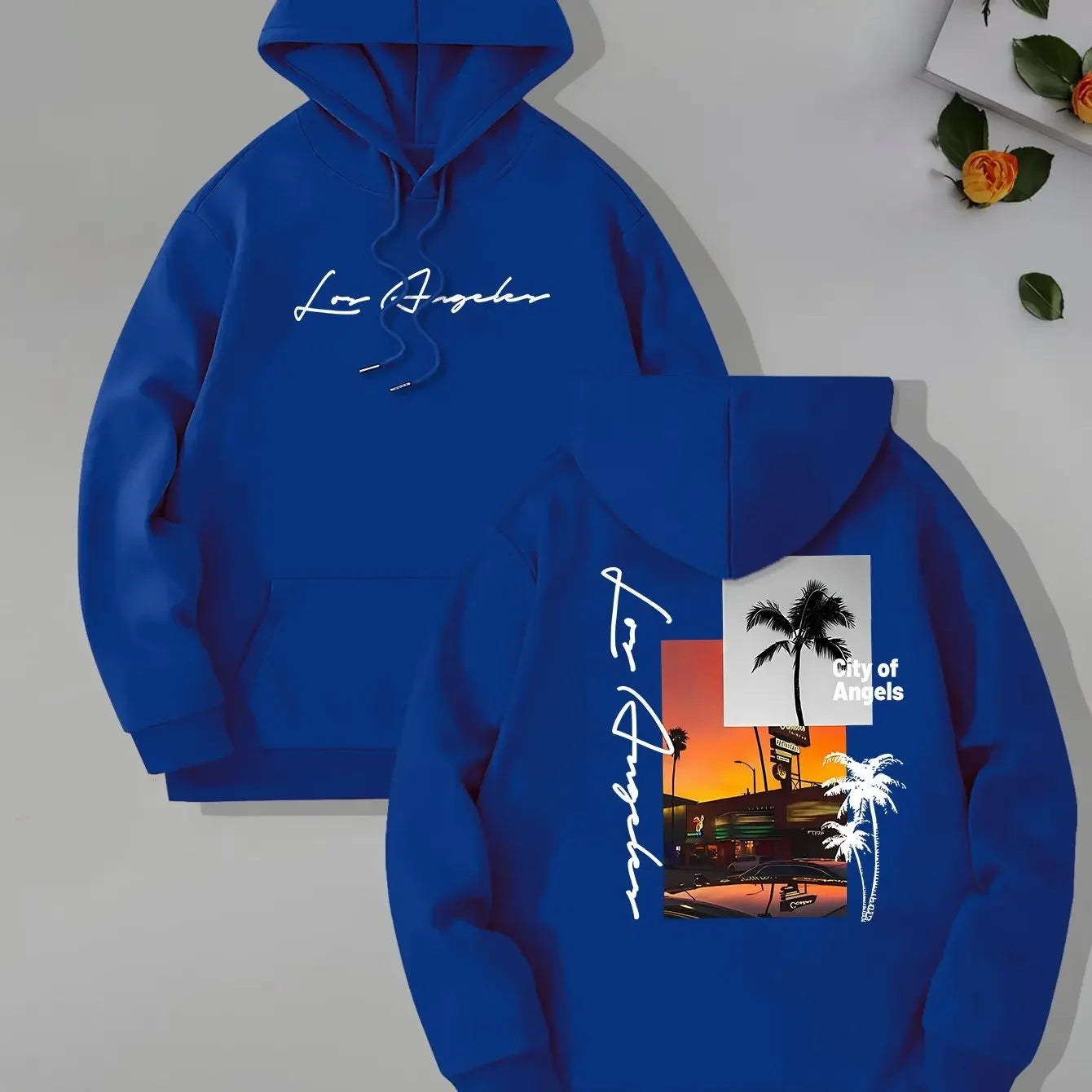 Retro Los Angeles Sunset Palm Tree Double-sided Print Hoodie, Men's Loose Fit West Coast Everyday Street Style Pullover