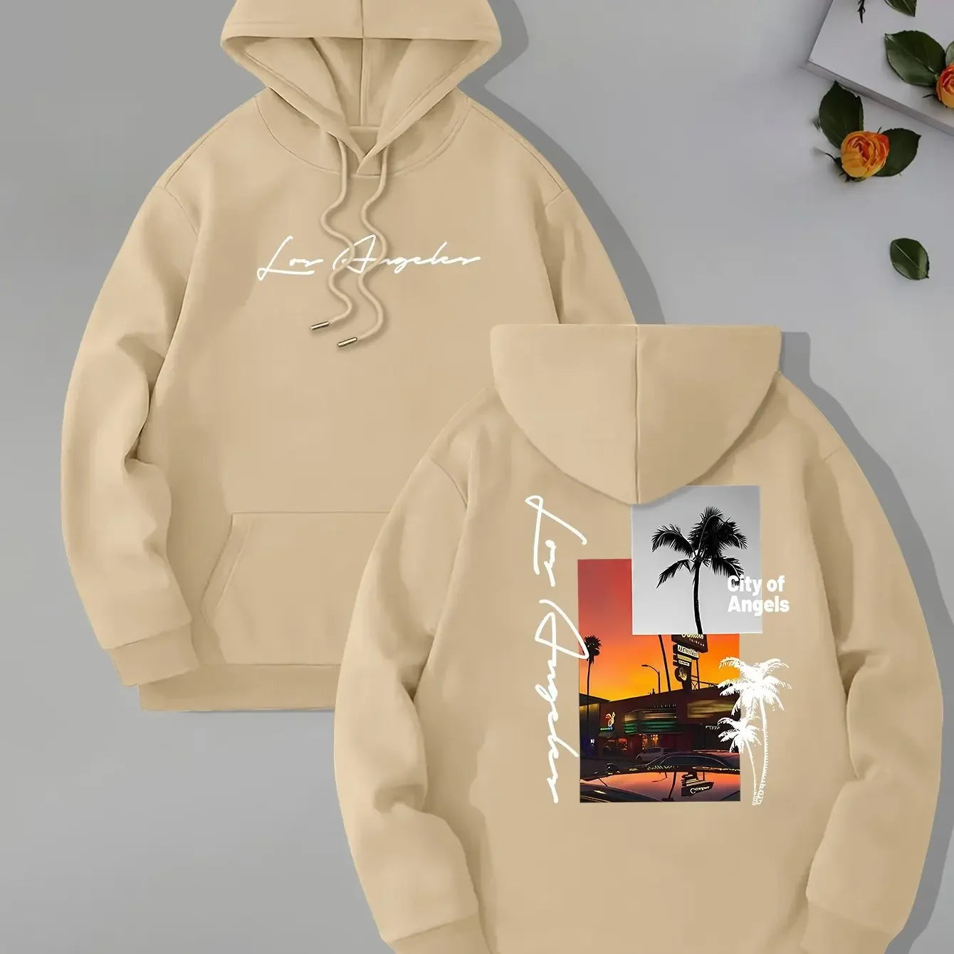 Retro Los Angeles Sunset Palm Tree Double-sided Print Hoodie, Men's Loose Fit West Coast Everyday Street Style Pullover