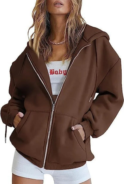 Women's Zip-Up Hoodie Jacket – Oversized Hooded Sweatshirt with Pockets