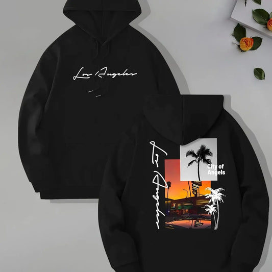 Retro Los Angeles Sunset Palm Tree Double-sided Print Hoodie, Men's Loose Fit West Coast Everyday Street Style Pullover