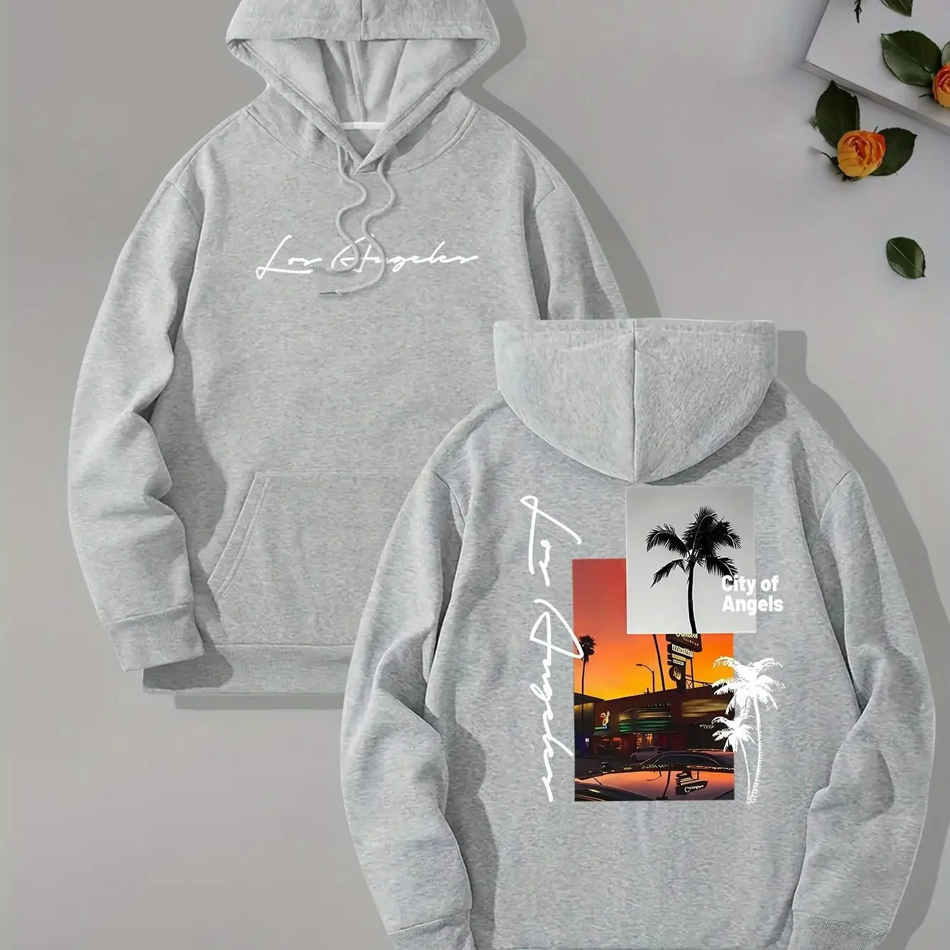 Retro Los Angeles Sunset Palm Tree Double-sided Print Hoodie, Men's Loose Fit West Coast Everyday Street Style Pullover